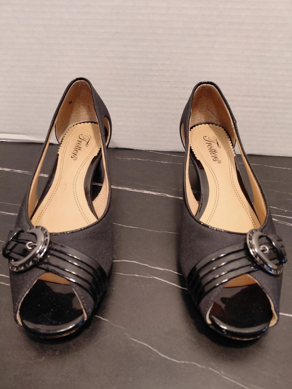 Trotters Black Open-Toe Heels with Glossy Buckle